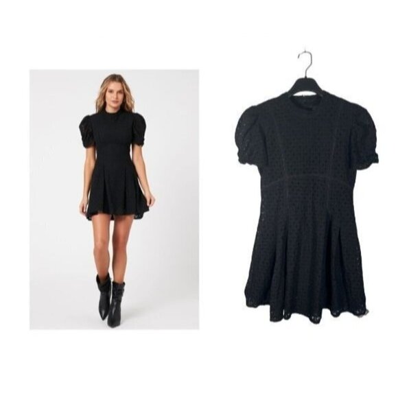 NWT MINKPINK Dreaming of Paris Womens Size M Black Mini Dress Fit n Flare Eyelet - Picture 1 of 12